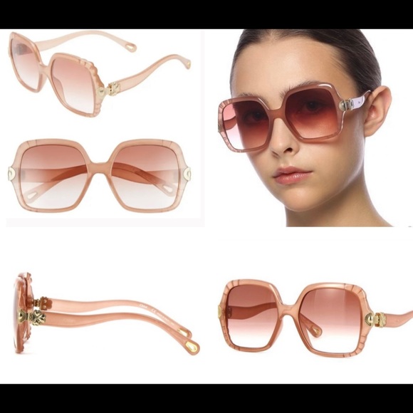 CHLOE SCALLOPED NUDE PINK TRANSPARENT SQUARE SUNGLASSES SUN  HEART MOTIF HINGES - Picture 13 of 16